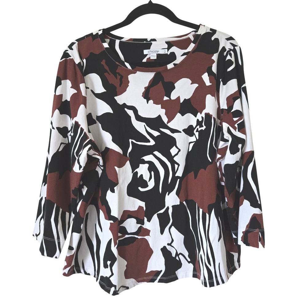 Chico's Womens 3 XL Top Brown Black White Abstract Floral 3/4 Sleeve